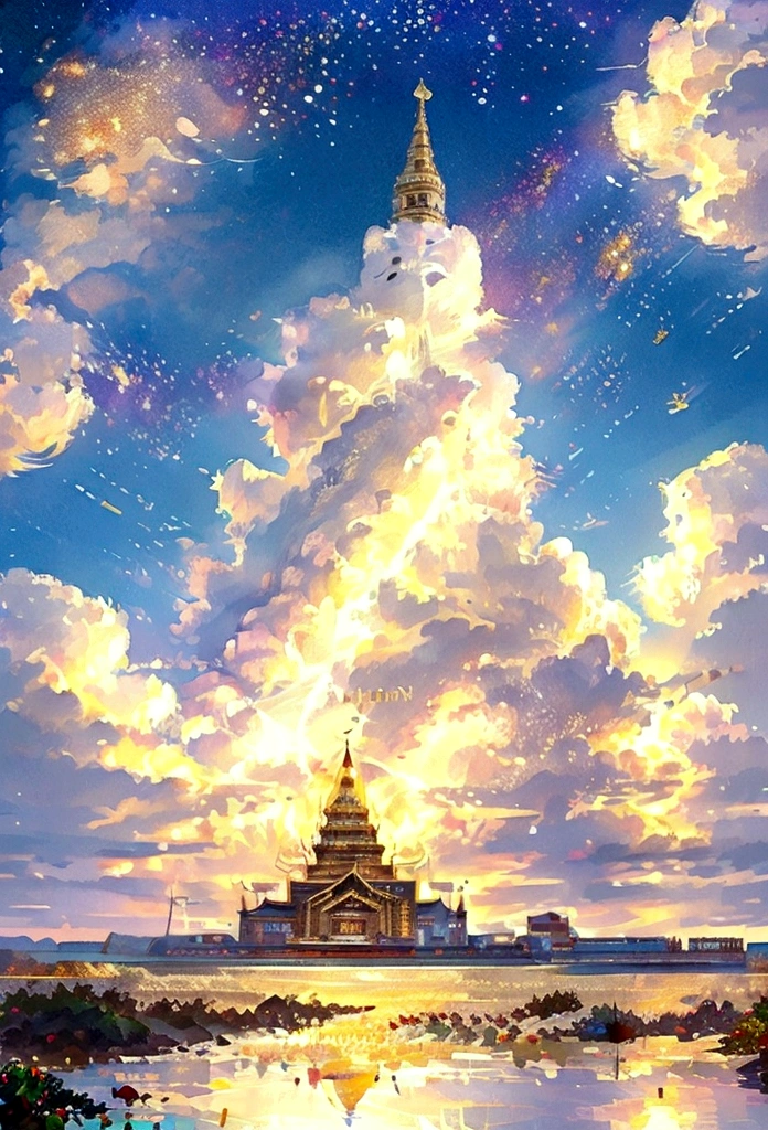 Glitter digital painting Thai pattern decorated with beautiful diamonds Colorful gold and white background, Thai temple, Thai castle, realistic, landscape, heaven, clouds, colorful