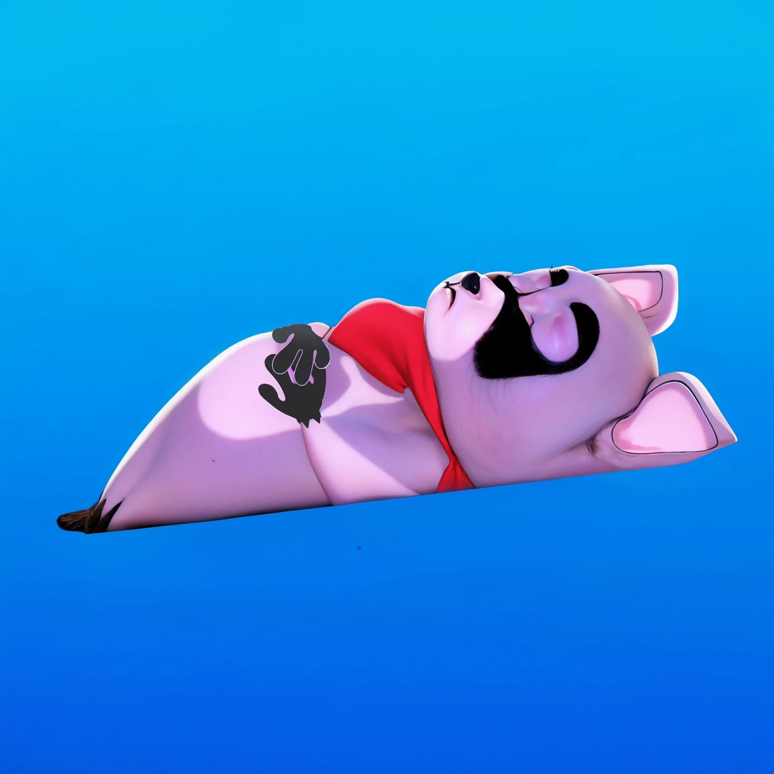 This image features a cartoonish raccoon character lying in a blue coffin. The raccoon is dressed in a purple outfit with a red scarf and has a black mask painted on its face. The character appears to be peacefully resting with its eyes closed. The scene is set against a gradient blue background, which enhances the somber yet whimsical nature of the image. The bright colors of the raccoon's outfit and the coffin create a striking contrast, adding to the surreal and imaginative quality of the scene.