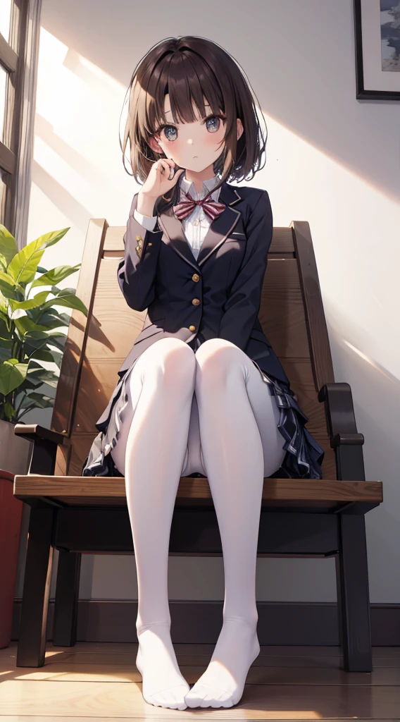Top quality, masterpiece, High resolution, (Head to toe full body), front, frontやや下からの構図, Symmetric, Tall 18 year old girl, alone, (Head to toe), (Small breasts), Unkempt brown hair, bangs, (black tights), (Black Pantyhose), (Sit with your legs apart), (Crouching pose), (A composition showing white panties), (Her legs were spread、I see your white pants.), (I was made to sit on the floor with my legs spread..), (M-shaped legs), Thin legs, A very beautiful and tall 18 year old girl, (No shoes), blush, Shy big eyes, looking at the camera, Blazer Uniform, Checkered Pleated Skirt、Megumi Kato