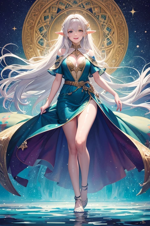 ((best quality)), ((masterpiece)), (detailed), 1girl elvish, jk, full body,wet,white skin,Green eyes, happy and smiling, Long hair loose in the wind, silver hair,medium breasts, kaleidoscope background image with soft colors, Gold tones,8k,Need,masterpiece.