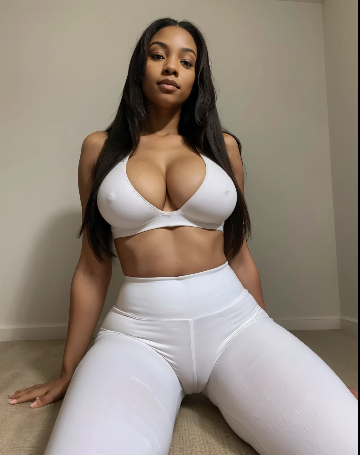 Mixed black ethnicity, curvy girl, long straight hair, sexy white leggings, sexy yoga pose, bra, cameltoe