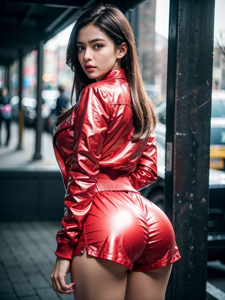 8k, masterpiece, RAW photo, best quality, photorealistic, extremely detailed CG unity 8k wallpaper, Depth of field, Cinematic Light, Lens Flare, Ray tracing, (extremely beautiful face, beautiful lips, beautiful eyes), intricate detail face, ((ultra detailed skin)) , lady, wearing a red tight jacket and shorts (( red jacket and shorts)), sexy figure, hot face, seductive , hugelarge breast and huge large cleavage , huge large round ass,huge large bubble butt.