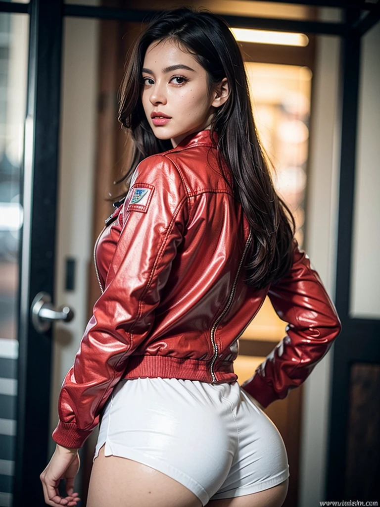 8k, masterpiece, RAW photo, best quality, photorealistic, extremely detailed CG unity 8k wallpaper, Depth of field, Cinematic Light, Lens Flare, Ray tracing, (extremely beautiful face, beautiful lips, beautiful eyes), intricate detail face, ((ultra detailed skin)) , lady, wearing a red tight jacket and shorts (( red jacket and shorts)), sexy figure, hot face, seductive , hugelarge breast and huge large cleavage , huge large round ass,huge large bubble butt.