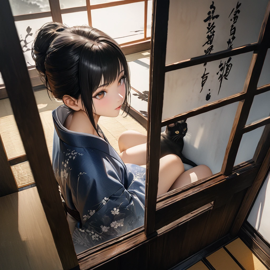 Girl with a cat, Ink Painting, In the tranquility of a traditional Japanese room, A girl wearing a kimono is sitting upright, Her eyes were fixed on the black cat that was perched on the window pane.. , Panoramic View, 8K,((masterpiece:1.4, Highest quality)), Black Hair, Brown eyes, (Depth of written boundary:1.3), Lower Body, High quality scenes, Vivid and photorealistic, Super detailed, 8K, masterpiece, elegant, Beautiful summer sky, Warm atmosphere, Clear lines, Official Art, Professional, Ultra high definition