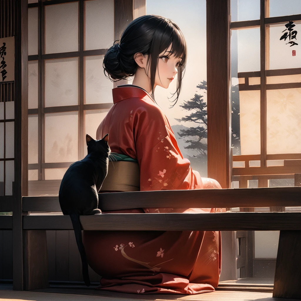 Girl with a cat, Ink Painting, In the tranquility of a traditional Japanese room, A girl wearing a kimono is sitting upright, Her eyes were fixed on the black cat that was perched on the window pane.. , Panoramic View, 8K,((masterpiece:1.4, Highest quality)), Black Hair, Brown eyes, (Depth of written boundary:1.3), Lower Body, High quality scenes, Vivid and photorealistic, Super detailed, 8K, masterpiece, elegant, Beautiful summer sky, Warm atmosphere, Clear lines, Official Art, Professional, Ultra high definition