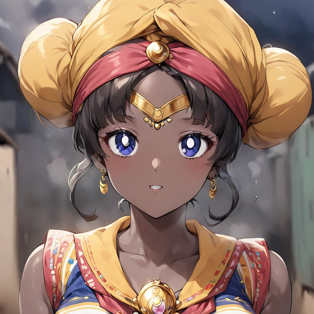 ((Highest quality)), ((masterpiece)), (detailed), （Perfect Face）、The woman is a Ghanaian born Tsukino Usagi with a vivid dark skin, black by birth, and is wearing a colorful Ghanaian dress from a Ghanaian village, a colorful turban head scarf, gorgeous jeweled accessories, and an engagement ring.、The woman is the elegant Tsukino Usagi, with her short black afro hair tied up in a Ghana braid, wearing a colorful Ghanaian dress and a colorful turban head scarf, with vibrant dark brown skin, a natural-born black person, and a natural-born Ghanaian, Tsukino Usagi.、（The woman is a black Ghanaian with vivid dark brown skin.）、The woman is spending time with other village girls in her village in Ghana.