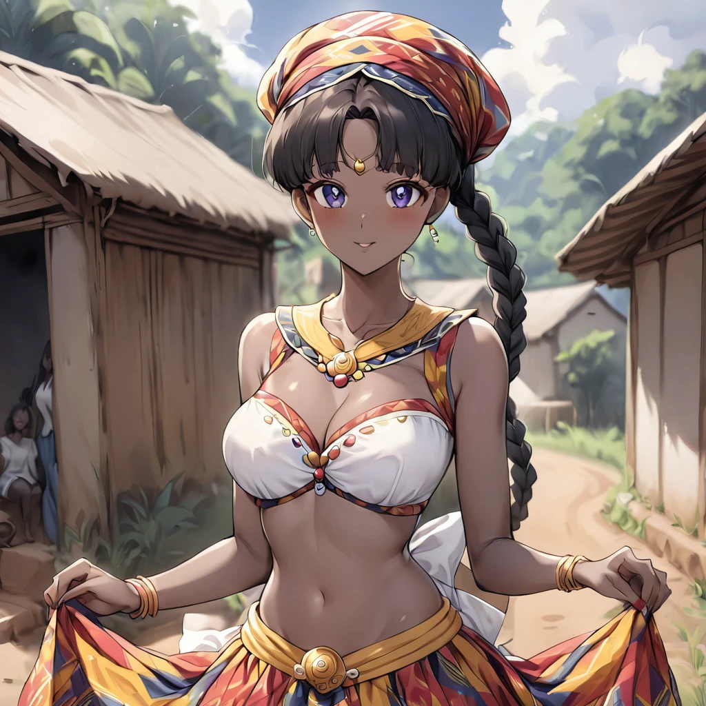 ((Highest quality)), ((masterpiece)), (detailed), （Perfect Face）、The woman is a Ghanaian born Tsukino Usagi with a vivid dark skin, black by birth, and is wearing a colorful Ghanaian dress from a Ghanaian village, a colorful turban head scarf, gorgeous jeweled accessories, and an engagement ring.、The woman is the elegant Tsukino Usagi, with her short black afro hair tied up in a Ghana braid, wearing a colorful Ghanaian dress and a colorful turban head scarf, with vibrant dark brown skin, a natural-born black person, and a natural-born Ghanaian, Tsukino Usagi.、（The woman is a black Ghanaian with vivid dark brown skin.）、The woman is spending time with other village girls in her village in Ghana.
