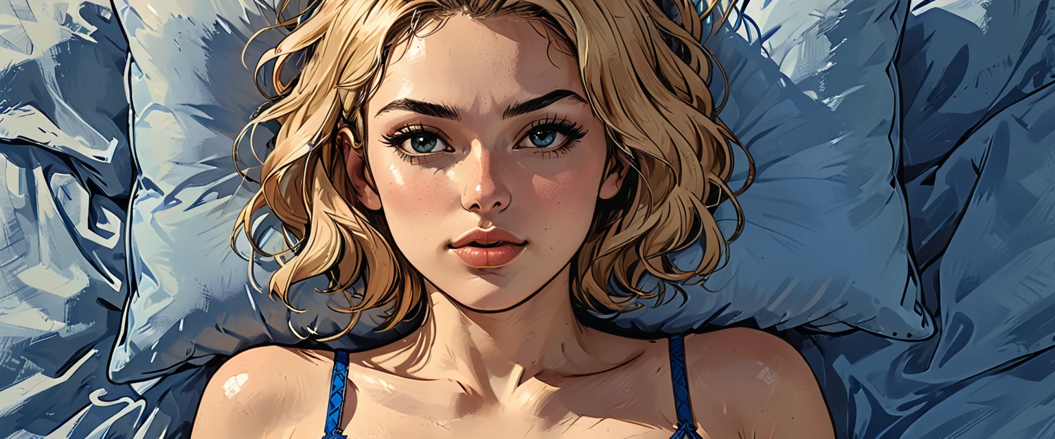 view from above, top view, from above, lying, a (girl in BLUE underwear) lies on a blue double bed, portrait, close-up,
adult, [Nordic], perfect Olive skin, Oval Face,  Rounded shoulders,  Attached Pointed ears, round forehead, ((Short blonde Waves pixie hair)), snub nose, Arched eyebrows, (closed Eyes), High Round Narrow cheekbones, Dimpled Cheeks, Rounded Chin, Rounded Jawline, Full nude Lips, Nude Makeup Look, long eyelashes, 

graphic style of novel comics,dark novel, 2d, 8k, hyperrealism, masterpiece, high resolution, best quality, ultra-detailed, super realistic, Hyperrealistic art, high-quality, ultra high res, highest detailed, lot of details, Extremely high-resolution details, incredibly lifelike, colourful, soft cinematic light,