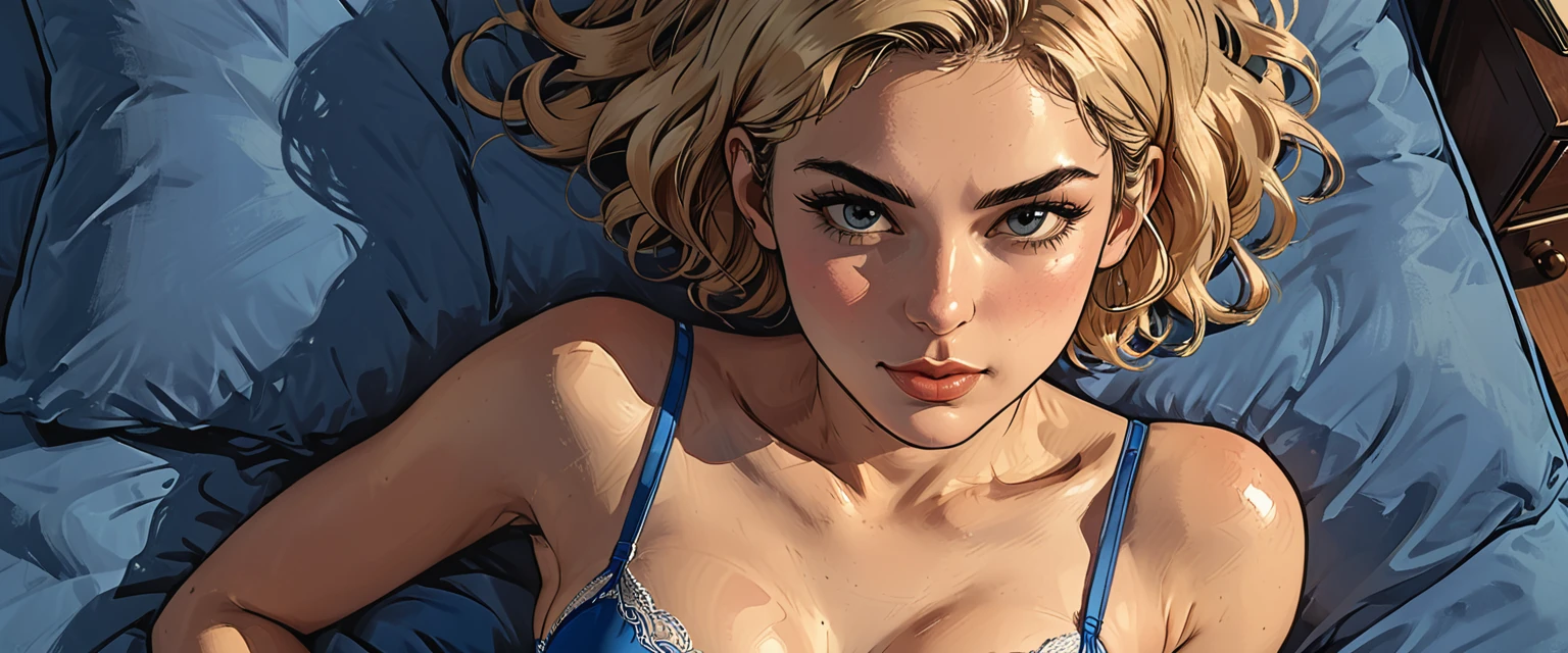 view from above, top view, from above, lying, a (girl in BLUE underwear) lies on a blue double bed, portrait, close-up,
adult, [Nordic], perfect Olive skin, Oval Face,  Rounded shoulders,  Attached Pointed ears, round forehead, ((Short blonde Waves pixie hair)), snub nose, Arched eyebrows, (closed Eyes), High Round Narrow cheekbones, Dimpled Cheeks, Rounded Chin, Rounded Jawline, Full nude Lips, Nude Makeup Look, long eyelashes, 

graphic style of novel comics,dark novel, 2d, 8k, hyperrealism, masterpiece, high resolution, best quality, ultra-detailed, super realistic, Hyperrealistic art, high-quality, ultra high res, highest detailed, lot of details, Extremely high-resolution details, incredibly lifelike, colourful, soft cinematic light,