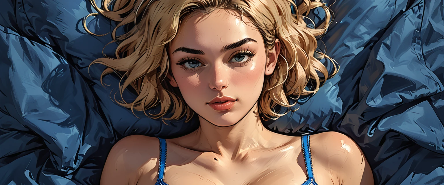 view from above, top view, from above, lying, a (girl in BLUE underwear) lies on a blue double bed, portrait, close-up,
adult, [Nordic], perfect Olive skin, Oval Face,  Rounded shoulders,  Attached Pointed ears, round forehead, ((Short blonde Waves pixie hair)), snub nose, Arched eyebrows, (closed Eyes), High Round Narrow cheekbones, Dimpled Cheeks, Rounded Chin, Rounded Jawline, Full nude Lips, Nude Makeup Look, long eyelashes, 

graphic style of novel comics,dark novel, 2d, 8k, hyperrealism, masterpiece, high resolution, best quality, ultra-detailed, super realistic, Hyperrealistic art, high-quality, ultra high res, highest detailed, lot of details, Extremely high-resolution details, incredibly lifelike, colourful, soft cinematic light,