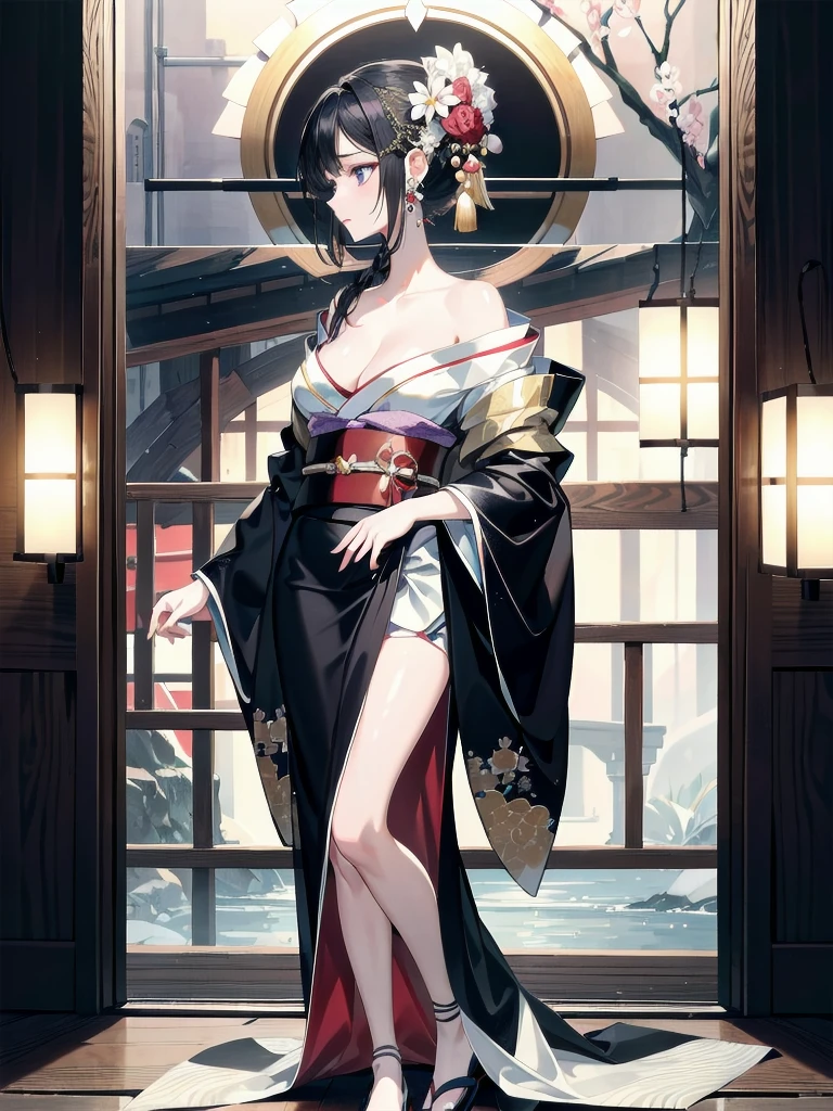 absurdres, RAW photo, extremely delicate and beautiful, masterpiece, Best Quality, ultra high resolution, 32k, hyperrealistic, ultra-detailed, in her 20s, delicate facial features, tearful mole, earring, medium breasts, full body shot, shorter middle hair, black hair, kimono costume, aristocrat robe, haori,