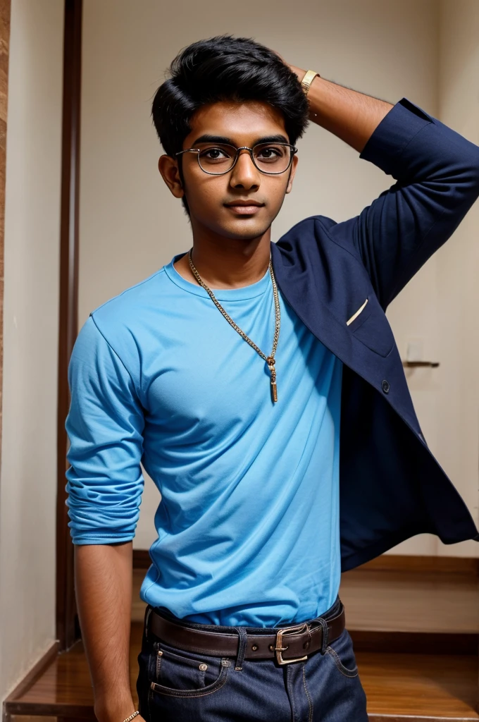 19 year old indian boy with fair dislike wearing spectacles and narrow body posing for a linkedin picture in forms