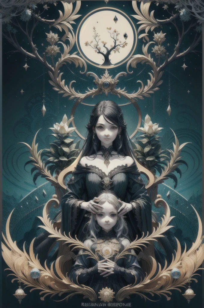 Nordic tree-shaped solitaire,Flat style, abstract artistic,Graphic design,symmetry, Math, Renaissance, Oil painting, 2D canvas, highly detailed, complex, Classic paint, Black monochrome, crystals, opulent, lap, gothic ornament, Graphic design