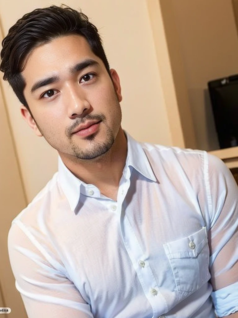 masterpiece, best quality, high resolution, realistic, handsome, photogenic, syahnk, SFW, a photo of a 35 year old frat (man:1.2) portrait, , military press, weights, stunning , short buzzcut hair,stubble head , (hypermuscle),looking at the viewer, flirting with the camera, charming, (tight white shirt ),(GS-Masculine:1), 8K UHD , ยืนในห้องอาหาร