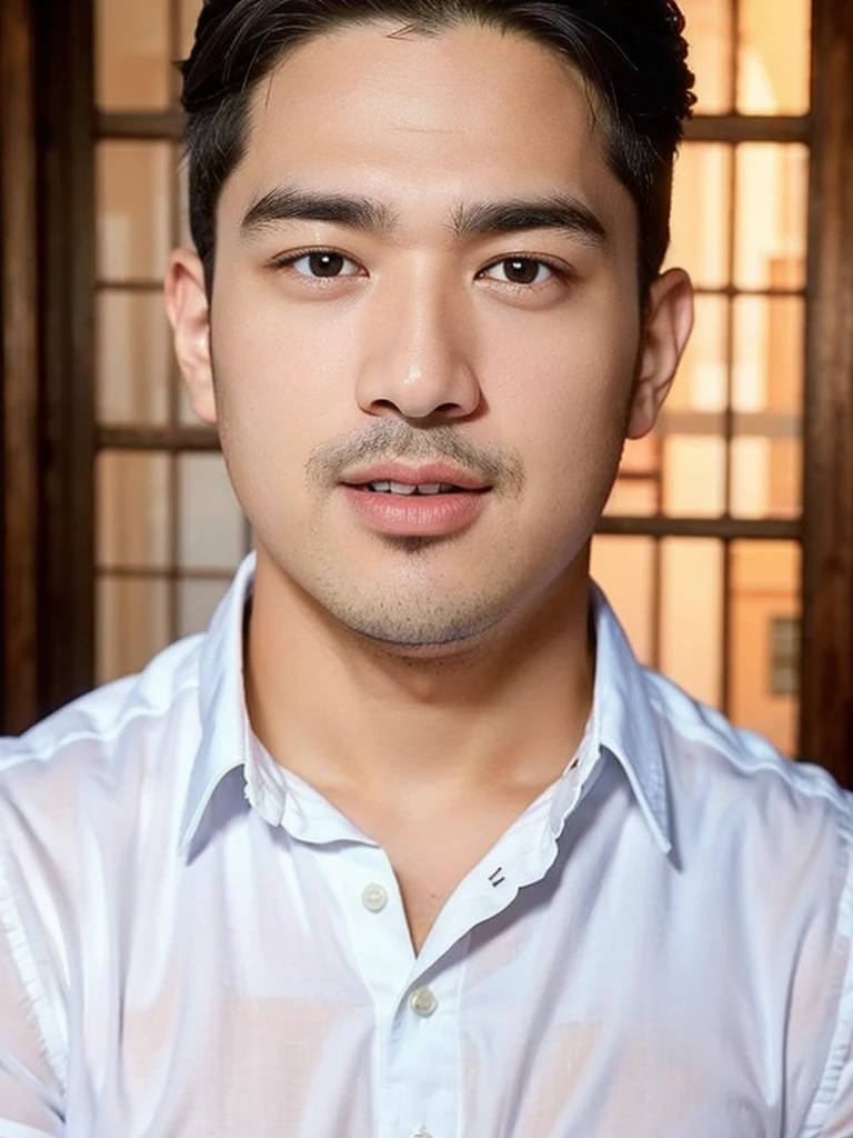 masterpiece, best quality, high resolution, realistic, handsome, photogenic, syahnk, SFW, a photo of a 35 year old frat (man:1.2) portrait, , military press, weights, stunning , short buzzcut hair,stubble head , (hypermuscle),looking at the viewer, flirting with the camera, charming, (tight white shirt ),(GS-Masculine:1), 8K UHD , ยืนในห้องอาหาร