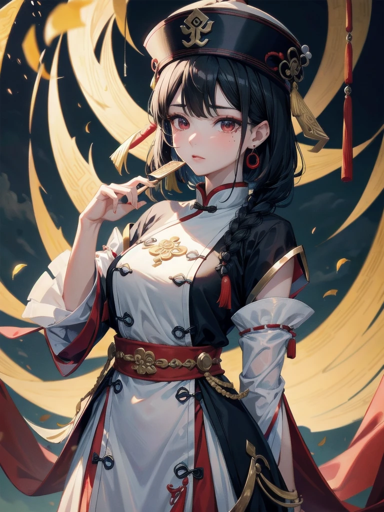 absurdres, RAW photo, extremely delicate and beautiful, masterpiece, Best Quality, ultra high resolution, 32k, hyperrealistic, ultra-detailed, in her 20s, delicate facial features, tearful mole, earring, medium breasts, full body shot, shorter middle hair, black hair, cemetery, dress, braid, chinese clothes, headwear, ofuda, jiangshi, qing guanmao,