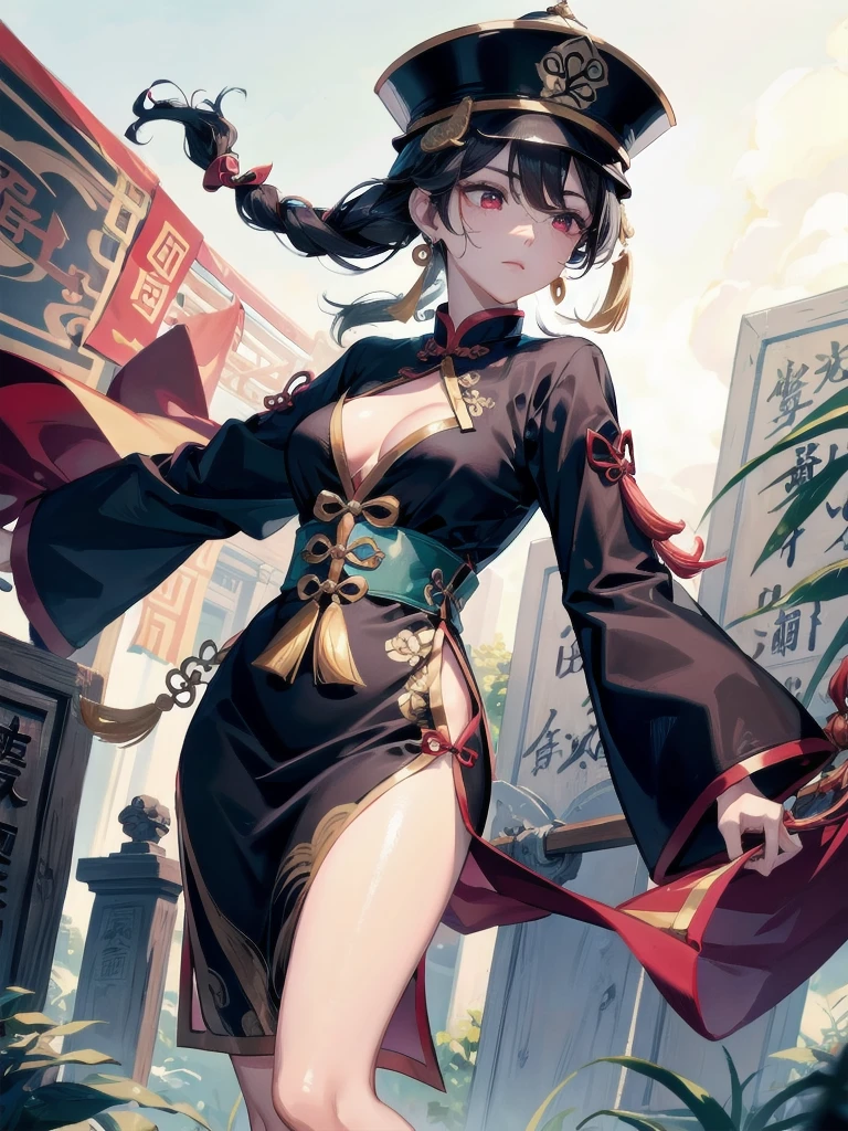 cemetery, dress, braid, chinese clothes, headwear, ofuda, jiangshi, qing guanmao, absurdres, RAW photo, extremely delicate and beautiful, masterpiece, Best Quality, ultra high resolution, 32k, hyperrealistic, ultra-detailed, detailed description, pale skin, 20 years old, tearful mole, earring, Colossal tits, short medium hair, wavy hair, whole body shot,