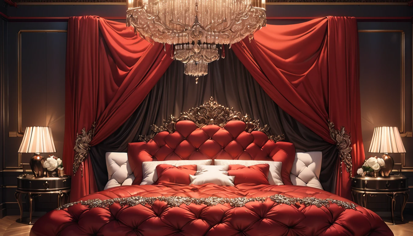 a fluffy red silk duvet, many large silk cushions, a luxurious and fluffy red silk bed, extremely detailed, high quality, 8k, best quality, photorealistic, studio lighting, lush, elegant, soft, delicate, rich, warm colors, serene, luxurious bedroom interior, plush, velvety, opulent, ornate, detailed silk textures, fine details, sumptuous, sophisticated, lavish, exquisite, opulent, refined, grandiose, magnificent