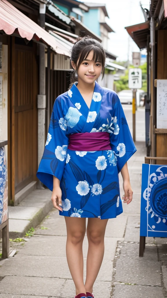 18-year-old、high school girl、Wearing a blue yukata