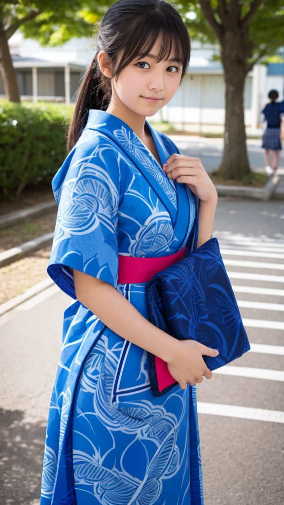 18-year-old、high school girl、Wearing a blue yukata