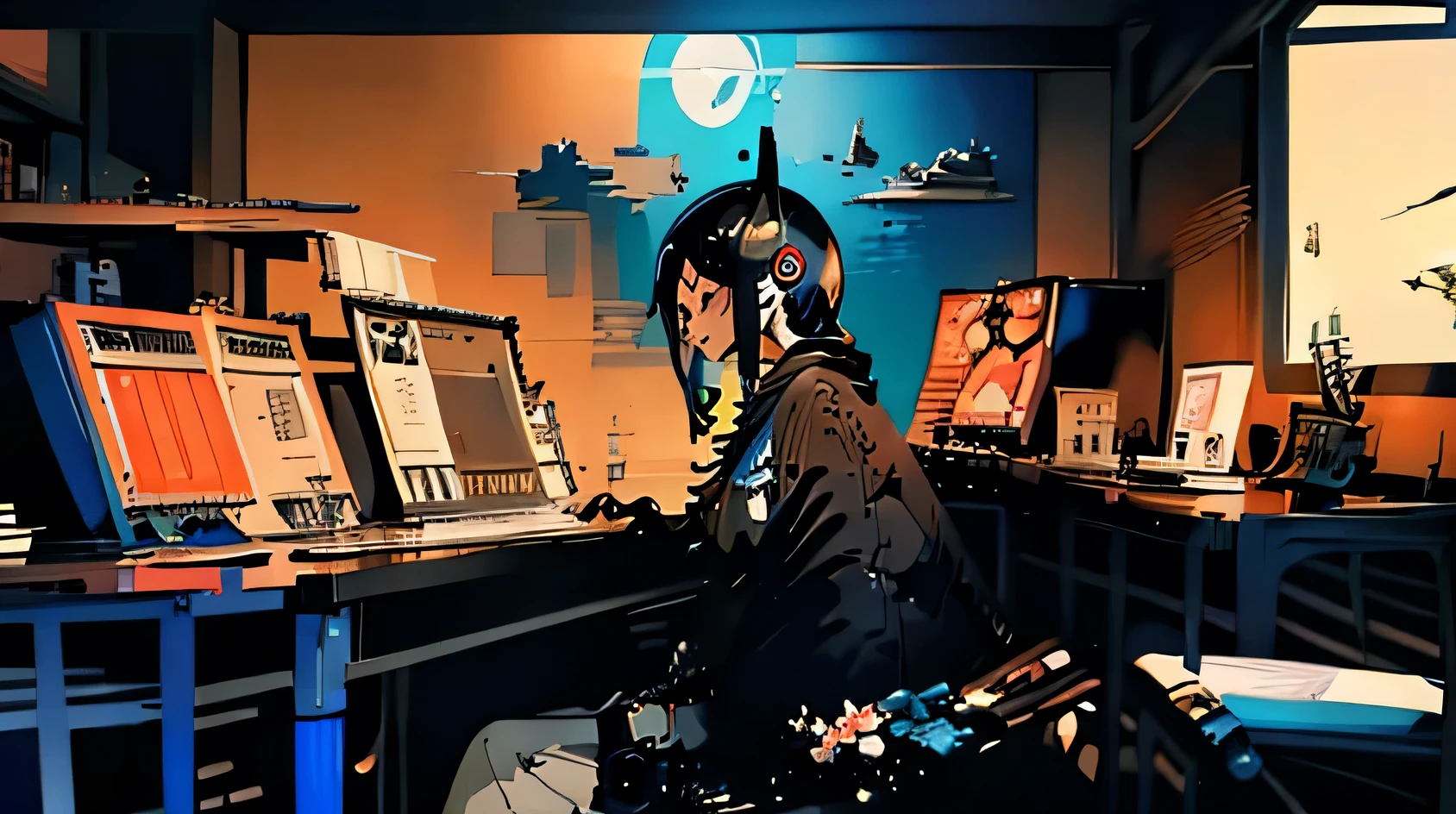 high resolution,High definition,high quality,Girl playing games,gaming computer,Erogeo Art Style, zero vibrations,Portrait of Roffey, vibe zero, zero, Anime Aesthetics,japanese style,large window,girl wearing headphones,sunset,painted with a rough hand-drawn aesthetic,ukiyoe style,fantasy,Edo Period,splash of color,movie perspective,advertising style,magazine cover,