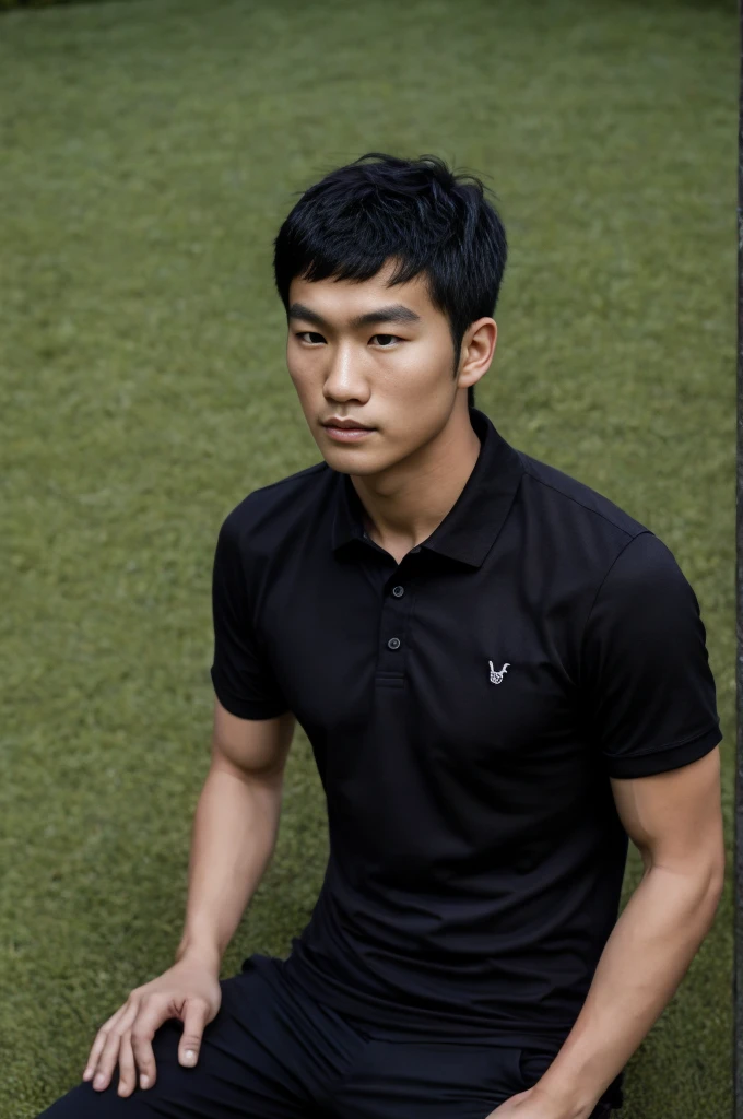 young asian man in a black polo shirt sitting on the grass with a serious expression, looking into the distance Turn your head slightly.,nighttime