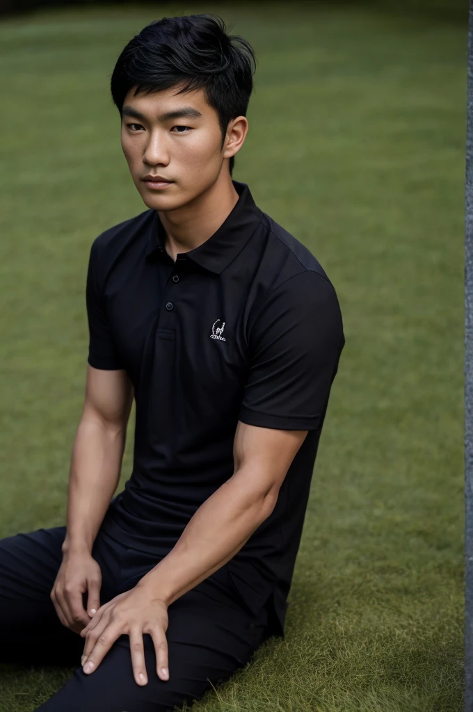 young asian man in a black polo shirt sitting on the grass with a serious expression, looking into the distance Turn your head slightly.,nighttime