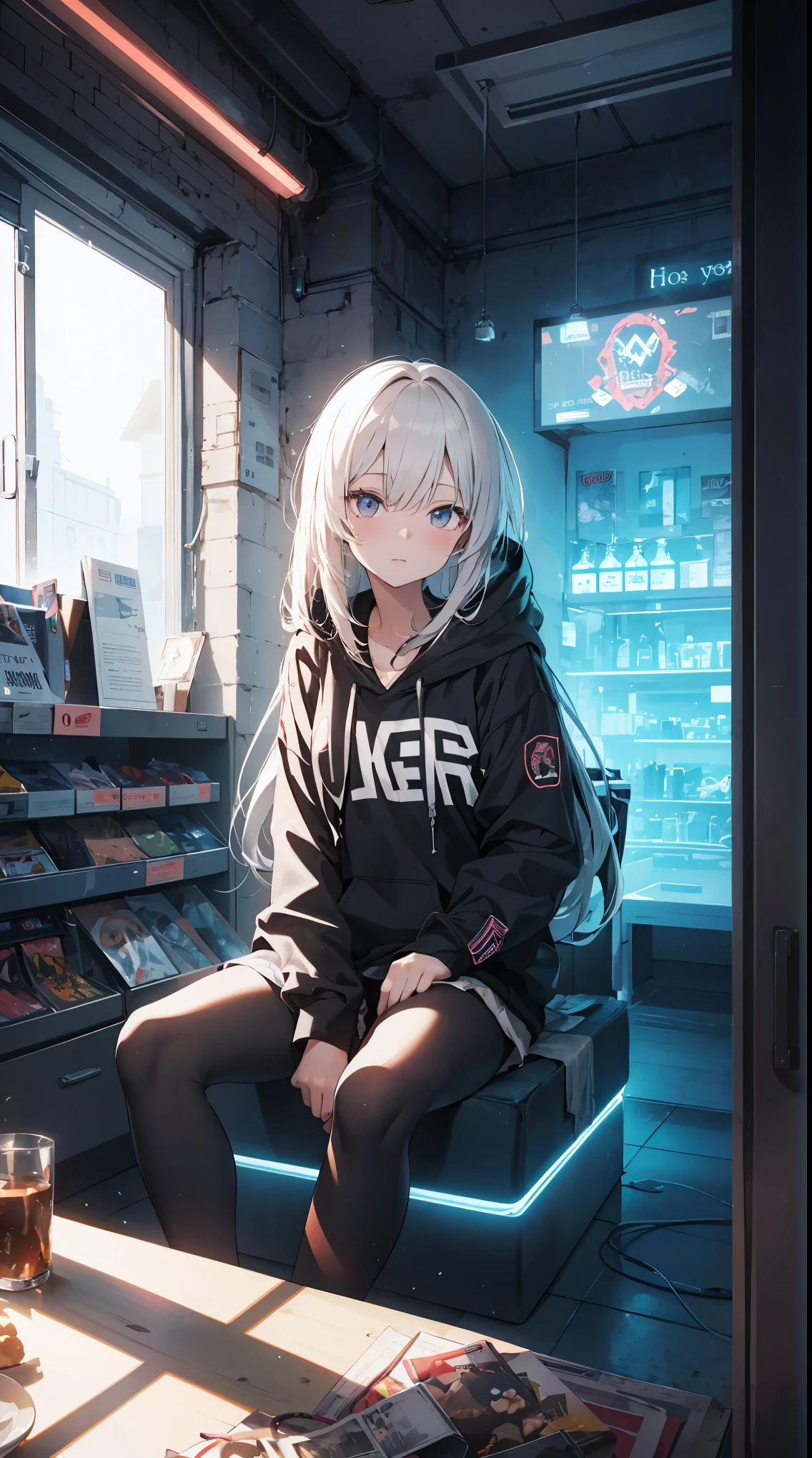 This illustration depicts a cute girl playing a game in her living room. She holds a game controller in her hand and her eyes sparkle. The room has a neon-colored wall and a dimly lit futuristic feel. However, the most noteworthy thing is the "last mysterious high-energy body" she emits. This energy body released from her body has the power to obliterate the garbage in the store. The pale light reaches every corner of the room. He is sitting cross-legged in a large chair and is wearing a hoodie. I'm obsessed with the game.