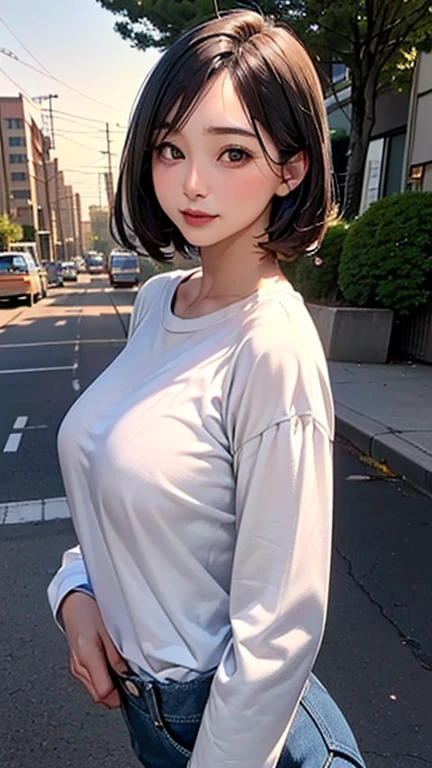 1 Woman, Japanese Woman,(Housewife:1.5),(40 Years Old:1.68),(Attractive Mature Woman:1.66),(Middle Age:1.78),(Small Round Face:1,69),(small breasts:1.5),((graduated haircut)),(((Oversized half-sleeved cutter shirts, jeans))),(((Cities, streets, trees, sidewalks))),(Sunset Scene)