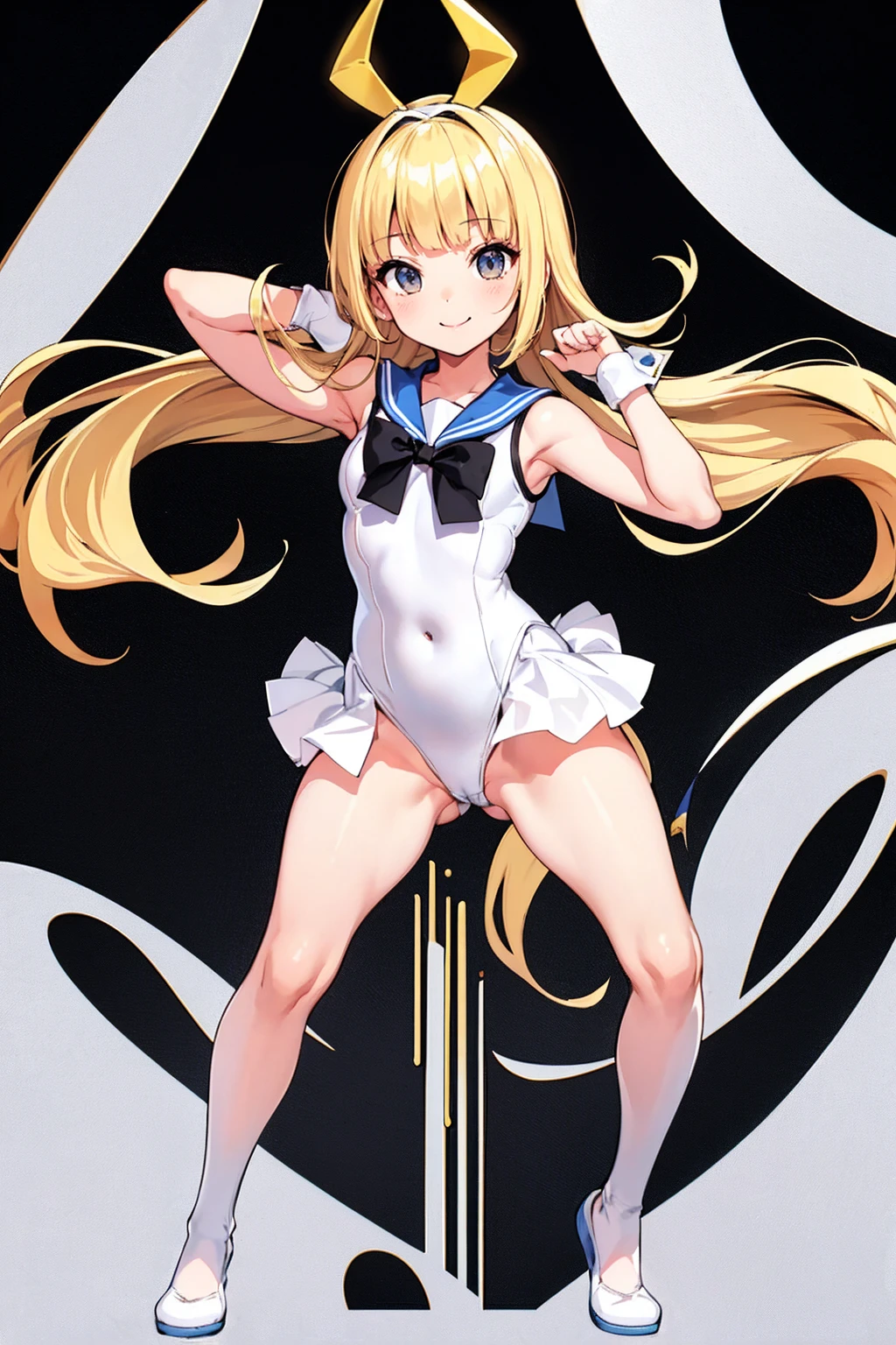 whole body,Standing posture, (Blonde,Trimmed bangs,Hime cut,) (Small breasts,age Girl,), (Cute face:1.2) (High leg leotard,Sailor suit,Sleeveless clothing,) smile,(White background) 