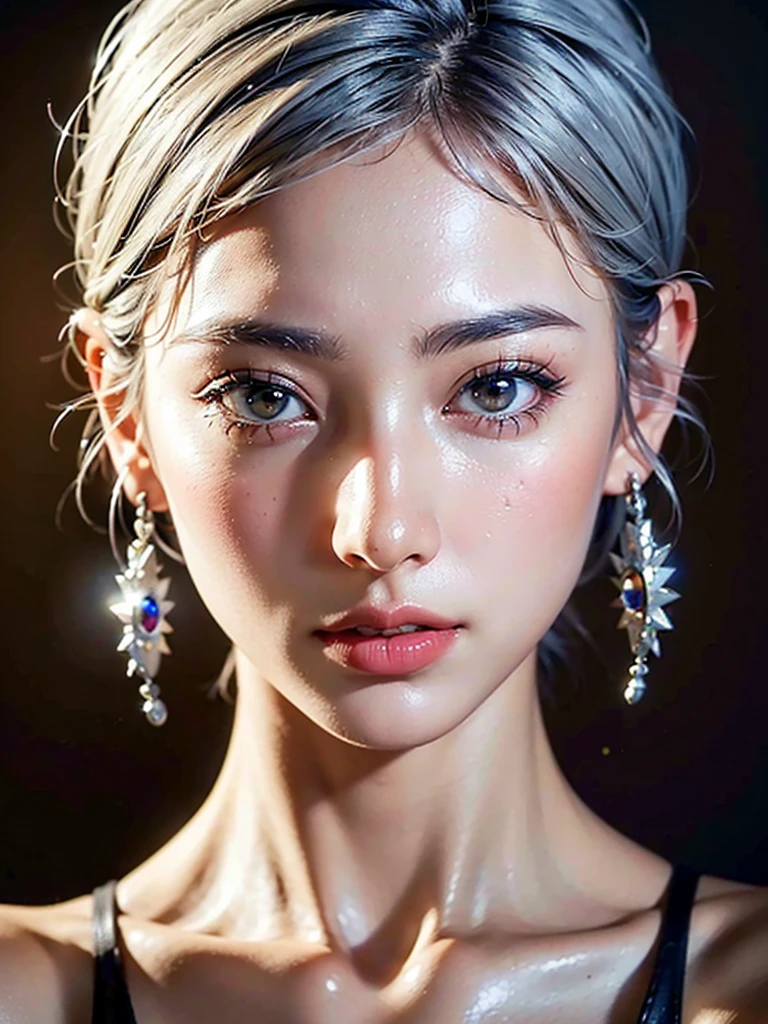 a young girl with silver hair in a pixie cut hairstyle, beautiful detailed eyes, long eyelashes, detailed lips, detailed face, wearing earrings, a short-sleeved shirt, with a slim waist, charming and attractive, colorful makeup, pale skin tone, (best quality,4k,8k,highres,masterpiece:1.2),ultra-detailed,(realistic,photorealistic,photo-realistic:1.37),