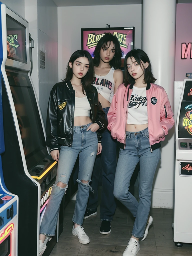 Design an illustration of a 1980s teenager wearing acid wash jeans and a bomber jacket, listening to a Walkman in a neon-lit room with arcade machines and posters of rock bands.