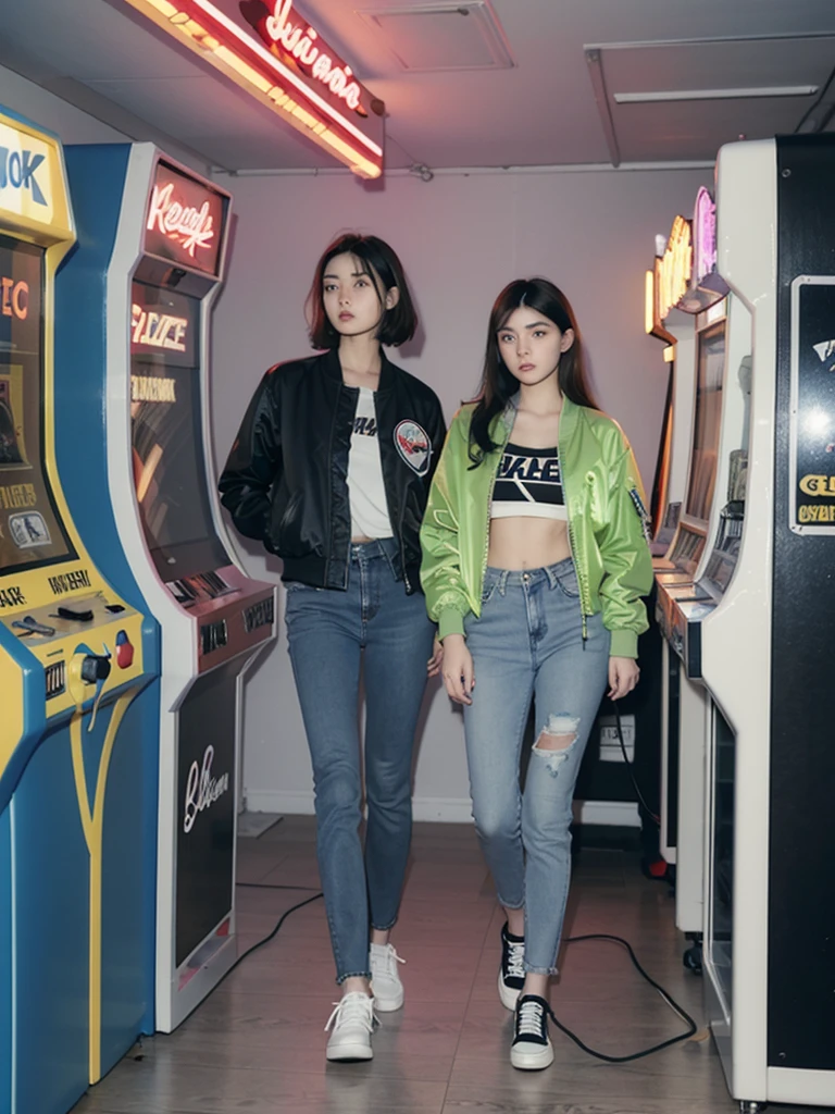 Design an illustration of a 1980s ager wearing acid wash jeans and a bomber jacket, listening to a Walkman in a neon-lit room with arcade machines and posters of rock bands.