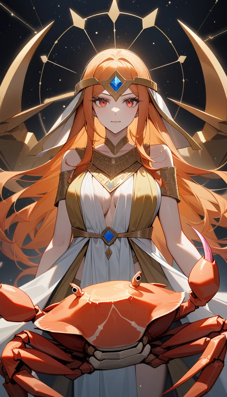 (Huang Li、high quality、Extremely detailed),Constellation-Cancer Goddess,Huge crabs,Woman stroking crab,Similar to Latin goodness,brave,capricious,Productivity,The face of enterprising and humanitarianism,Long orange hair,Ancient Greek costumes、Wrap Dress,The background is the universe,Crystal red eyes(Eyes Details),Powerful appearance