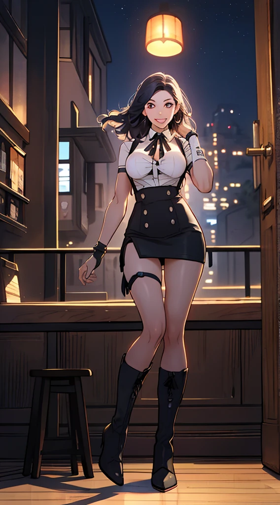 (8K, best quality, masterpiece:1.2), (Practical, photo-Practical:1.37), Extremely detailed, 1 female, Solitary, Great muscles, (Huge breasts, Beautiful and delicate eyes), (Smile:1.2), (Shut up), Standing posture, Depth of Field, Dark, intense shadows, Clear focus, Good composition, (Red and swollen nose), 单面Elbow pads, Ankle boots, Black Hair, Red Boots, Elbow gloves, Elbow pads, Fingerless gloves, Good exercise, (Black suspender dress), High Leg Raise, White vest, whole body, Headrest, Lips, Pretty Face, Low-tied long hair, (night:1.3), complex, Bokeh, light, Photon Mapping, Radiosity, Physically Based Rendering, (Tetsuya Nomura style), Not suitable for working hours, Perfect breasts