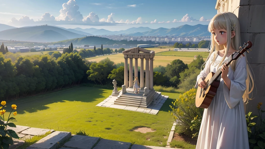 最high quality、high quality、Young Greek God々、Sanctuary Grasslands、Long dress、Full of light、Mysterious、Little angels are playing instruments all around、Greek temple in the distance