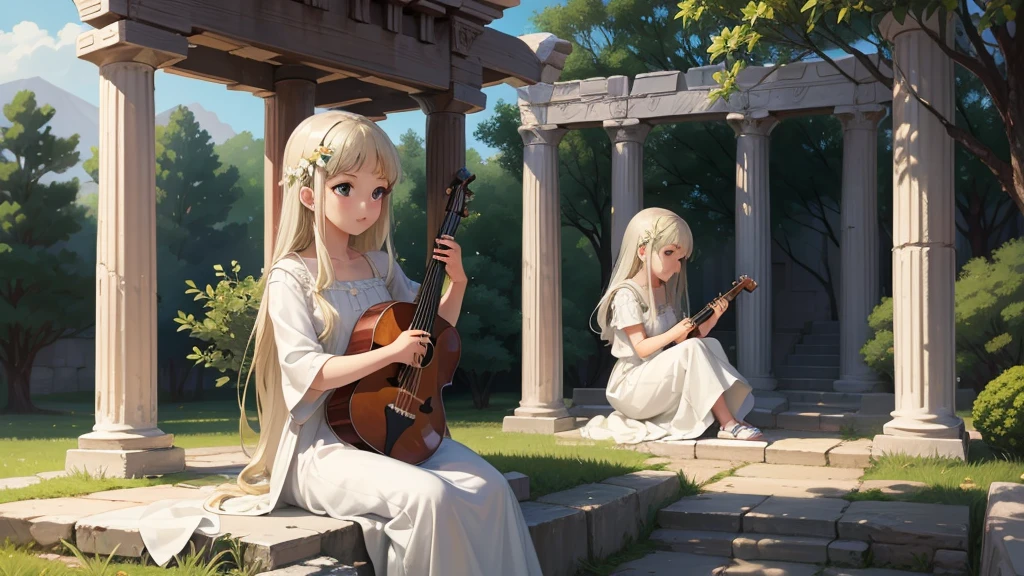 最high quality、high quality、Young Greek God々、Sanctuary Grasslands、Long dress、Full of light、Mysterious、Little angels are playing instruments all around、Greek temple in the distance