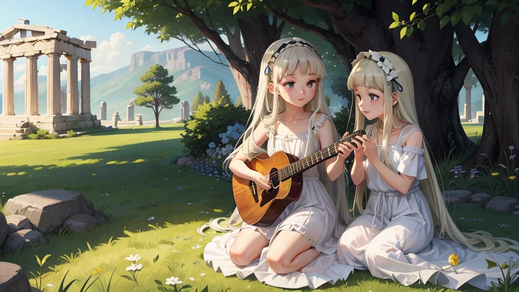 最high quality、high quality、Young Greek God々、Sanctuary Grasslands、Long dress、Full of light、Mysterious、Little angels are playing instruments all around、Greek temple in the distance