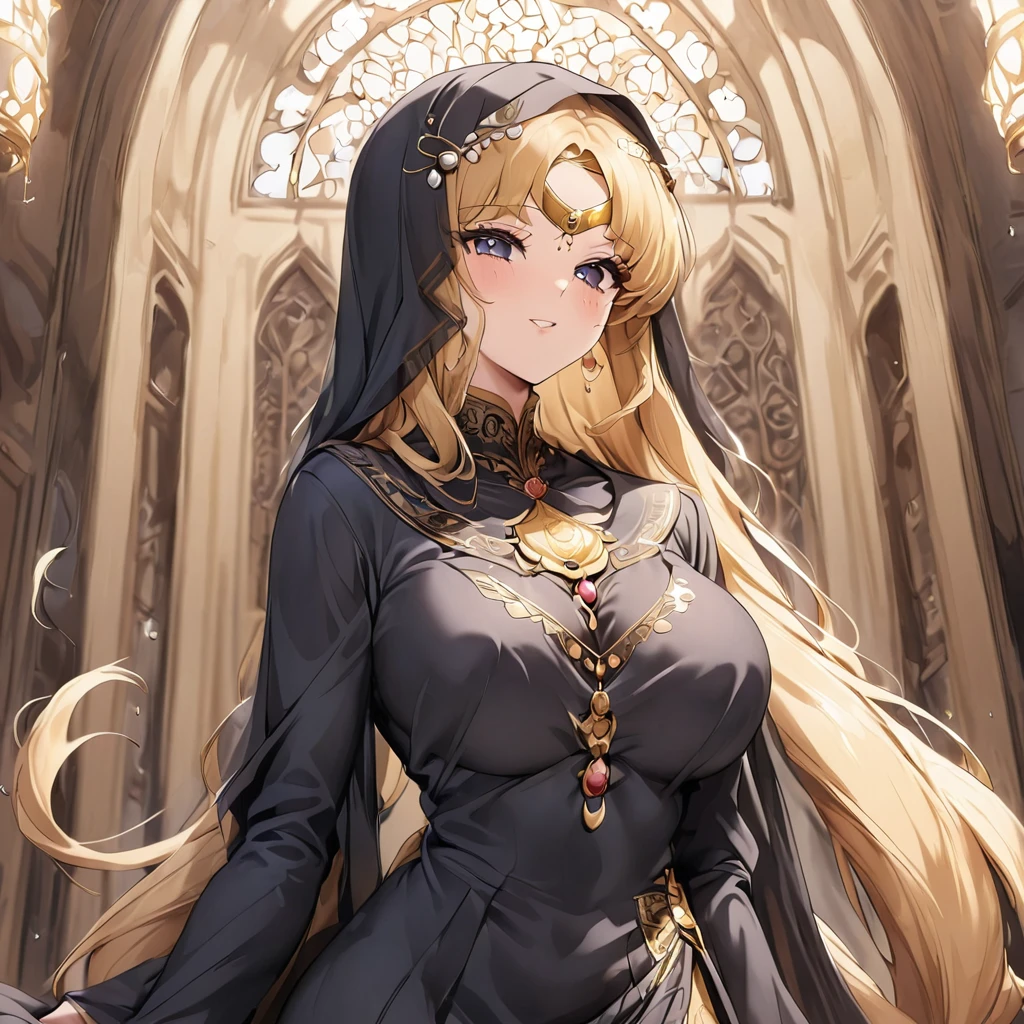 ((Highest quality)), ((masterpiece)), (detailed), (Perfect Face)、Women must wear black hijabs and niqabs、The woman is Tsukino Usagi, a devout Muslim., Arab with bright brown skin, In an Islamic prayer hall、She wears a gorgeous black abaya with gold embroidery.。, A gorgeous black hijab and niqab tightly covers her head, Gorgeous hair ornament, Gorgeous jewellery and engagement rings. The woman and the man are in a luxurious palace, And the woman、Wearing Arab national dress、In an Islamic prayer hall with a dignified bearded middle-aged Arab Muslim man。.、The woman is the elegant Tsukino Usagi, Her long blonde hair was tied in twin tails, Black abaya and、She is wearing a gorgeous, skin-tight black hijab and niqab.. She is a devout Muslim Arab with vibrant brown skin.。.、(The woman was named Tsukino Usagi.、He is a dark-skinned Arab and a devout Muslim.。.)
