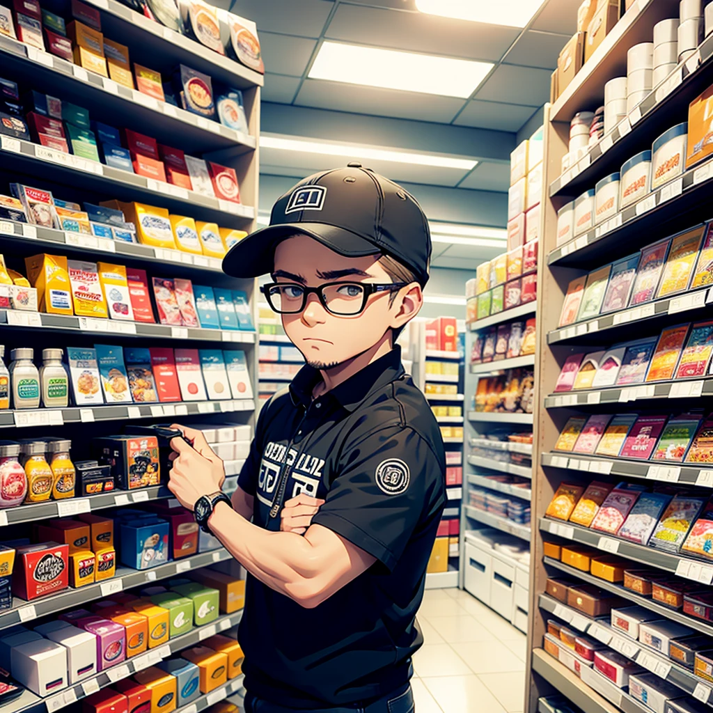 cool guy, store worker, against the background of a shelf with products, chibi style 