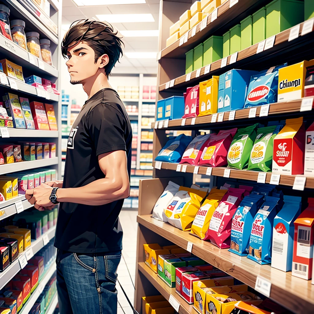 cool guy, store worker, against the background of a shelf with products, chibi style 