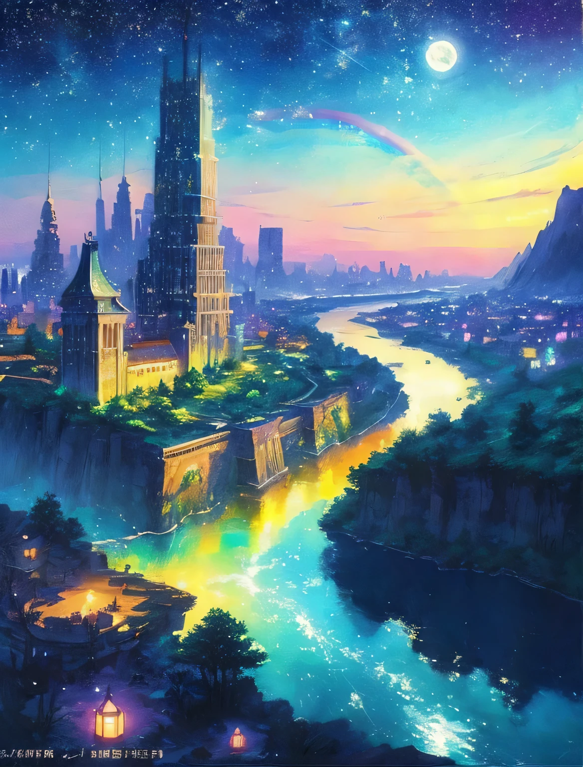 Colorful Metropolitan Museum of Art、Painting of a river with stars and moon in a rainbow sky、Met、輝くskyscraper、Shine overall、skyscraper、Concept art inspired by Tosa Mitsuoki、pixiv contest winners、Highest quality、Fantasy art、Beautiful anime scene、Bright Moon、Moonlight Star Environment、Dream painting、Anime Background Art、Fantasy Landscape Painting、Fantasy Knight、Anime Background、Background artwork、Great art、Atmospheric anime、Starry Sky、details enhanced。