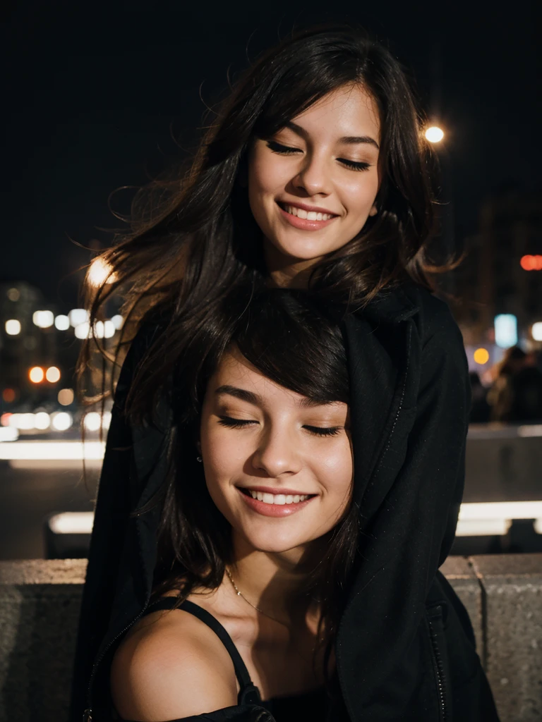 Young woman in a city by night , smiling and eyes closed