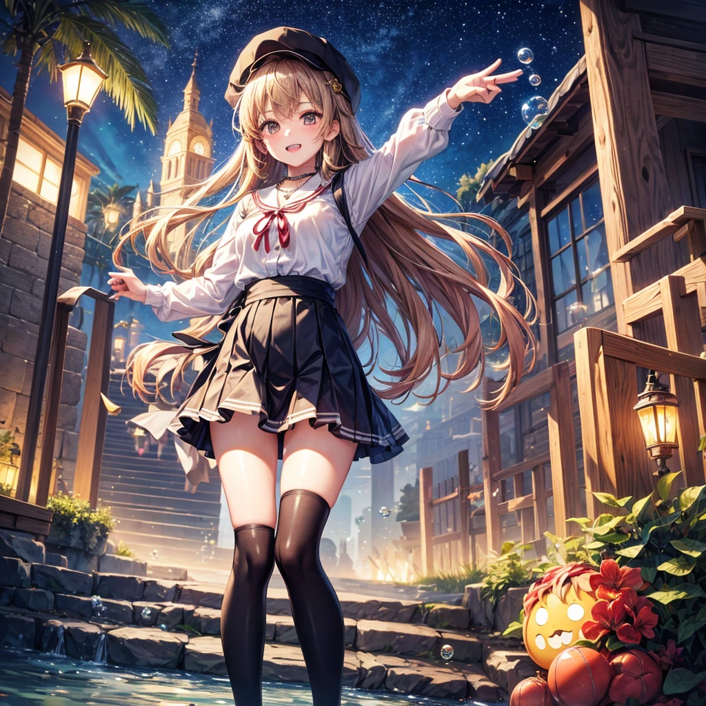 Red, brown, gold, gold hair、Golden Eyes、Hair tied up、One good looking girl、solo、anime、Checkered mini skirt、Ruffles on the skirt、Checked dress、blouse、school uniform、Black knee-high socks、Wearing a baseball cap、Ribbon、Ribbon on waist、Teeth are visible、Silver coin necklace、From above、Cobblestones、waterfall、Starry Sky、Midnight Moon、suspension bridge、Soap bubbles are flying、beam、ripple、Rocks floating in water、Crab walking、Standing still、Eight Towers、Palm Tree、Transparent