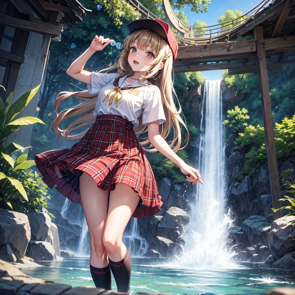 Red, brown, gold, gold hair、Golden Eyes、Hair tied up、One good looking girl、solo、anime、Checkered mini skirt、Ruffles on the skirt、Checked dress、blouse、school uniform、Black knee-high socks、Wearing a baseball cap、Ribbon、Ribbon on waist、Teeth are visible、Silver coin necklace、From above、Cobblestones、waterfall、Starry Sky、Midnight Moon、suspension bridge、Soap bubbles are flying、beam、ripple、Rocks floating in water、Crab walking、Standing still、Eight Towers、Palm Tree、Transparent