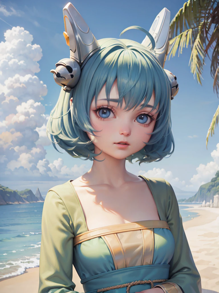 ( painting style:0.9), masterpiece, best quality, absurdres, looking at viewer, no pupils,(detailed eyes), (detailed face), perfect face, alternate costume, 1girl, solo, outdoor, cloud, beach, madiun breasts