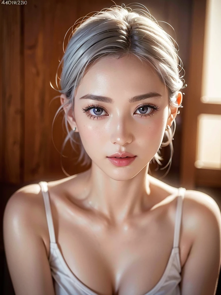 a young girl with silver hair in a pixie cut hairstyle, beautiful detailed eyes, long eyelashes, detailed lips, detailed face, wearing earrings, a short-sleeved shirt, with a slim waist, charming and attractive, colorful makeup, pale skin tone, (best quality,4k,8k,highres,masterpiece:1.2),ultra-detailed,(realistic,photorealistic,photo-realistic:1.37),