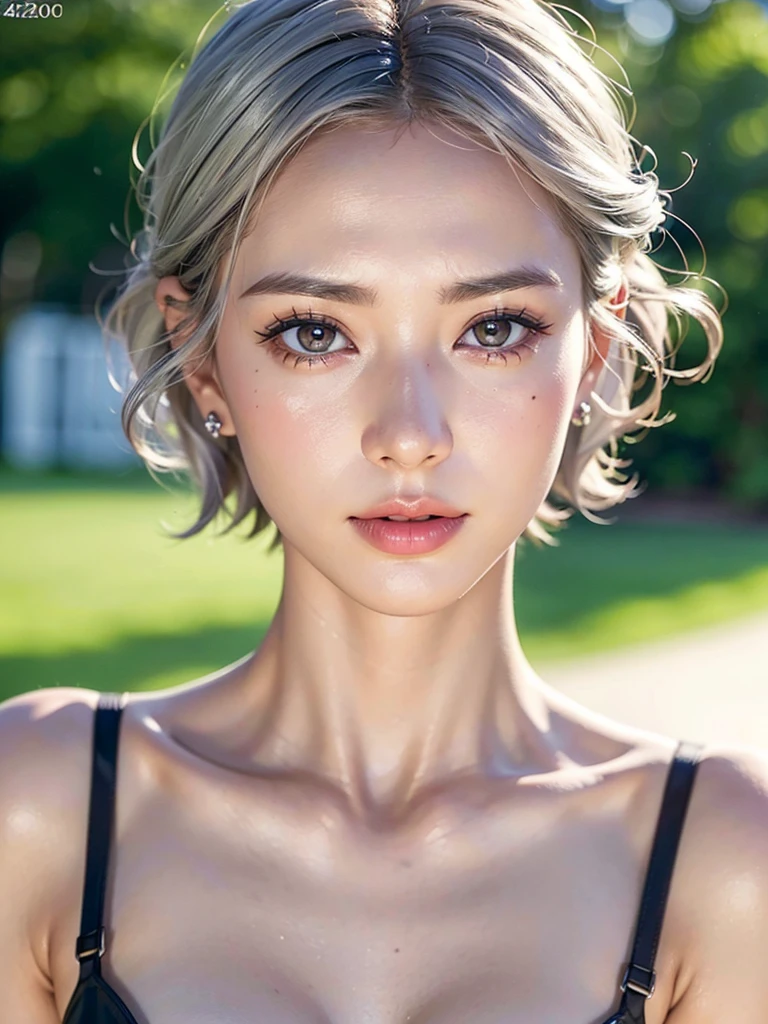 a young girl with silver hair in a pixie cut hairstyle, beautiful detailed eyes, long eyelashes, detailed lips, detailed face, wearing earrings, a short-sleeved shirt, with a slim waist, charming and attractive, colorful makeup, pale skin tone, (best quality,4k,8k,highres,masterpiece:1.2),ultra-detailed,(realistic,photorealistic,photo-realistic:1.37),