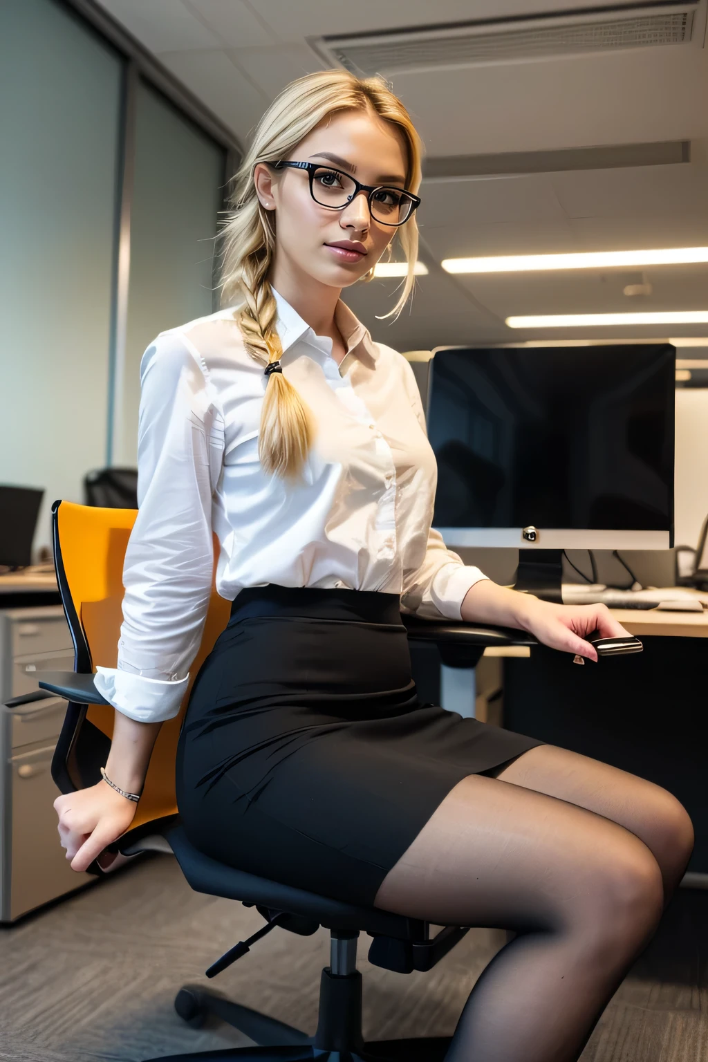 high quality,16K:1.1),((, German Woman、sitting in an office chair, Blonde Hair,、Hairstyle braid、Glasses、(business suit、 Pencil Skirt)), tights, Curvy,(View your viewers:1.3),(Full Body Shot:1.2),(Background is Office 1.2),