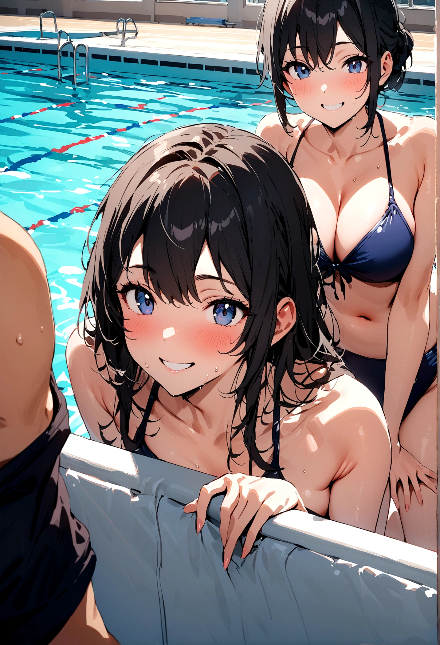 Highest quality,masterpiece,Sexy Swimwear,School swimming pool,,Black Hair,Classmate,Smiling and teasing the boys,Almost naked